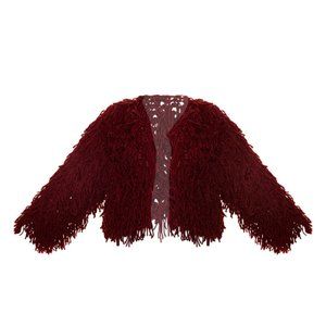 Burgundy Shaggy Knit Cropped Cardigan